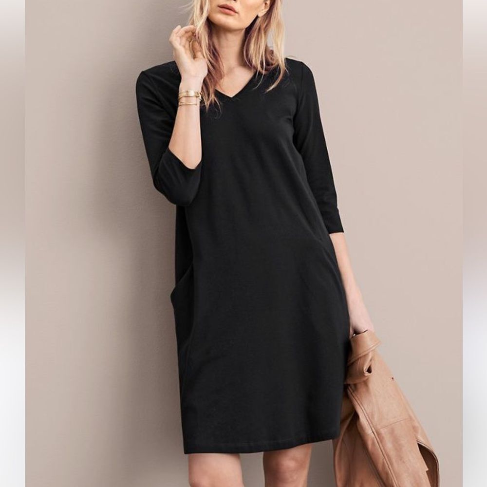 Eileen Fisher Stretch Jersey Knit Dress – Black, V-Neck A-Line, 3/4 Sleeve, Sz S